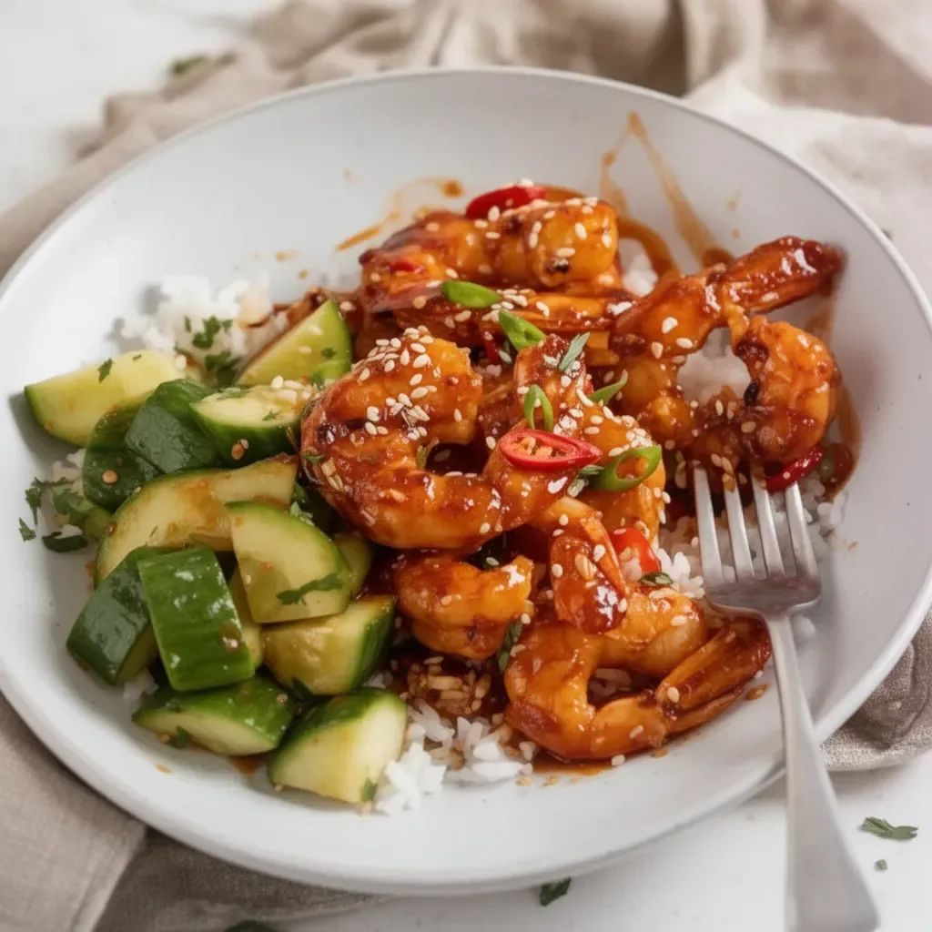 Delicious Asian Chilli Garlic Prawns garnished with fresh herbs