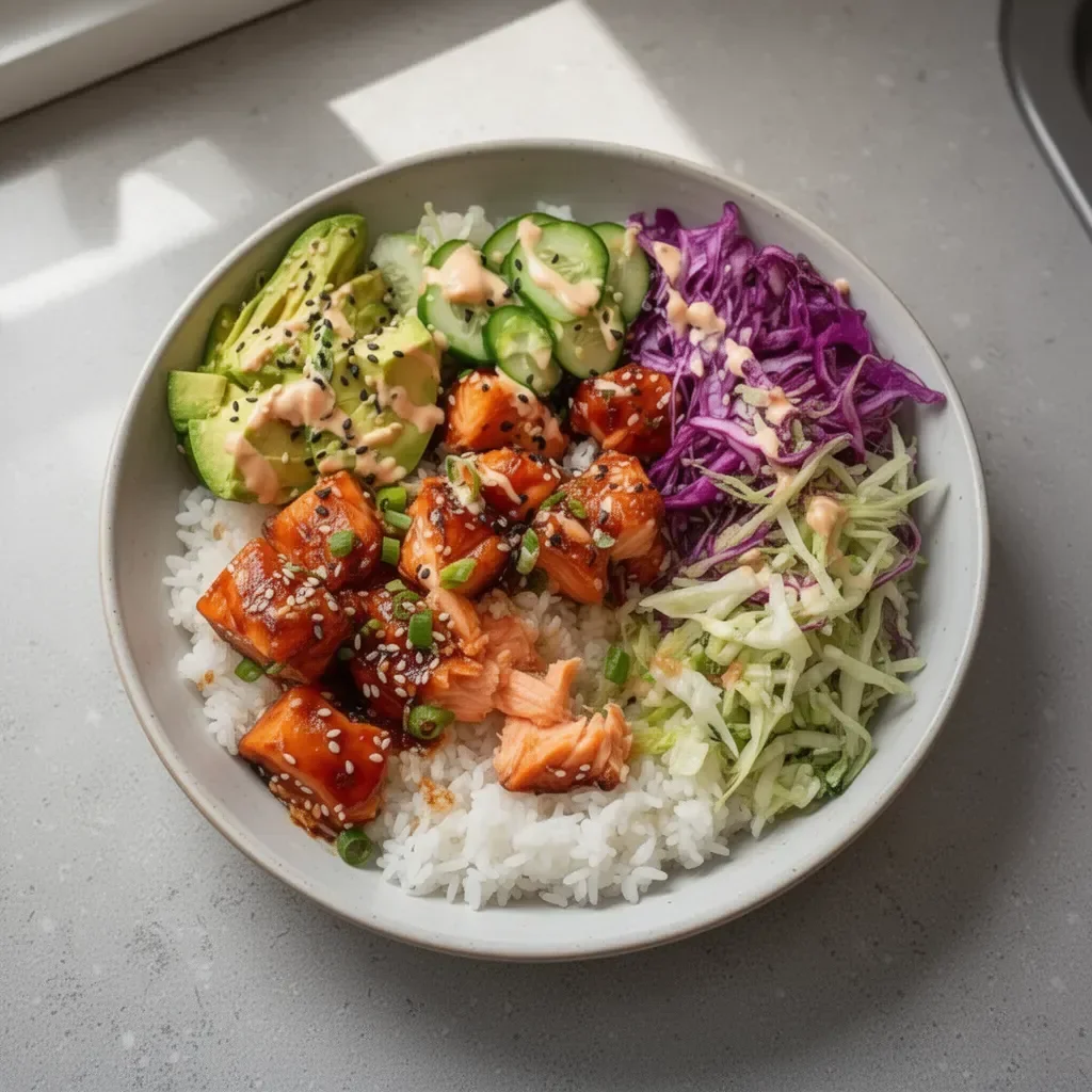 Asian Salmon Rice Bowl with fresh salmon, rice, and colorful vegetables