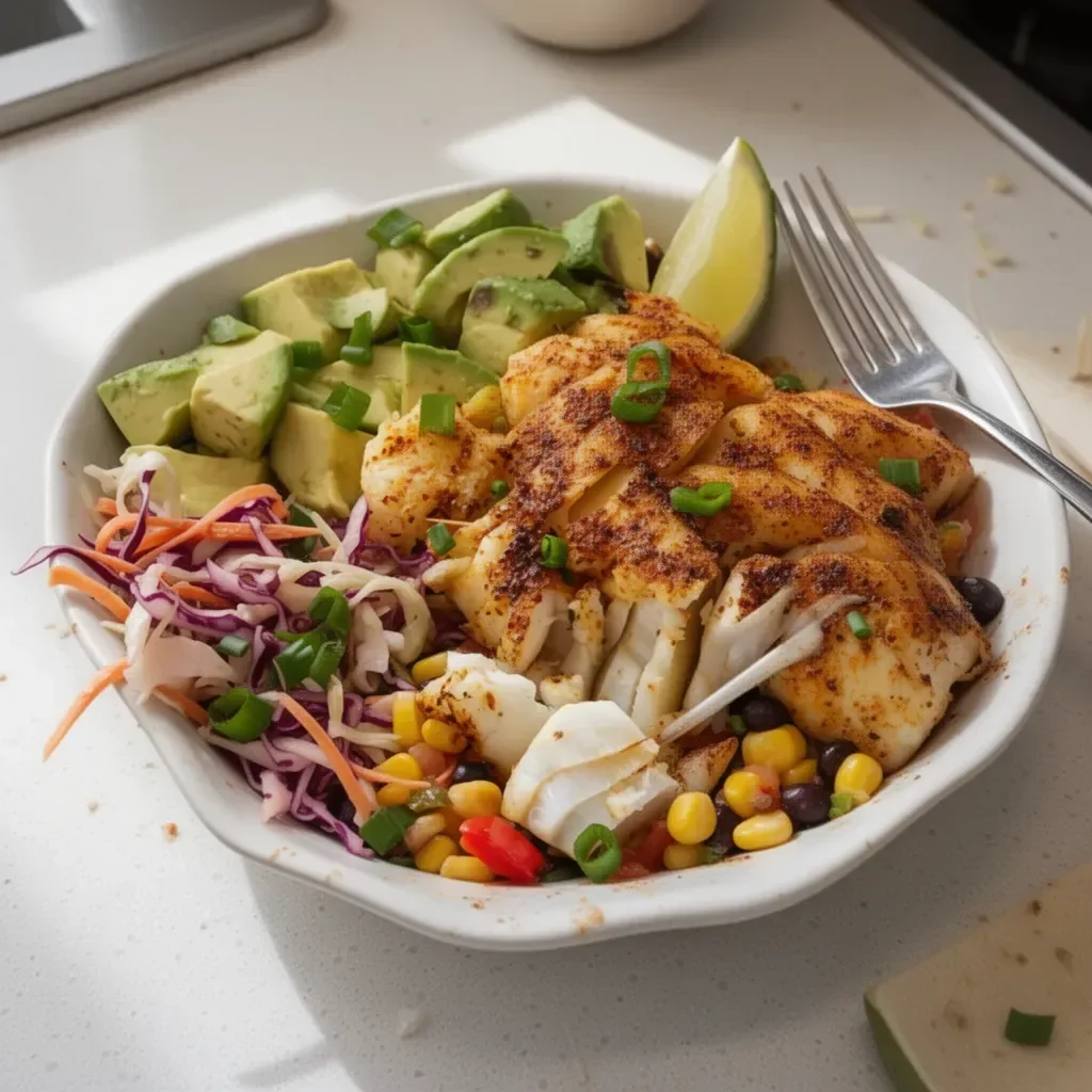 Baja fish taco bowls with fresh ingredients and toppings