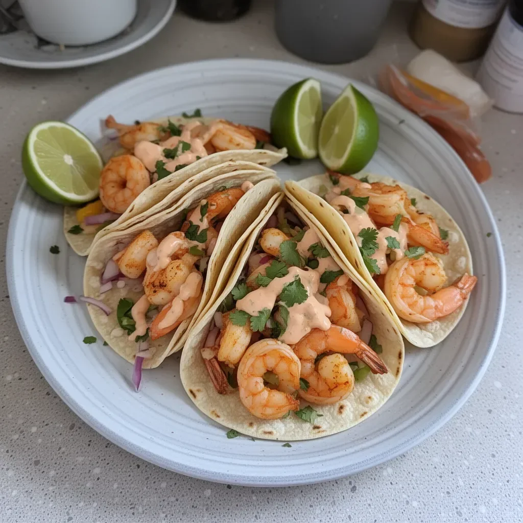 Delicious Baja shrimp tacos garnished with fresh toppings.