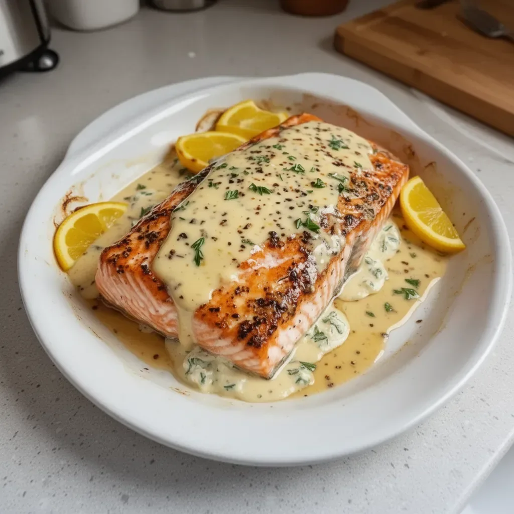 Baked Boursin Salmon dish served on a plate with herbs and lemon slices.