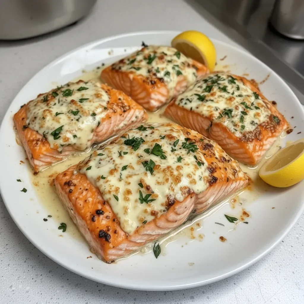 Baked Boursin Salmon with herbs and spices on a plate
