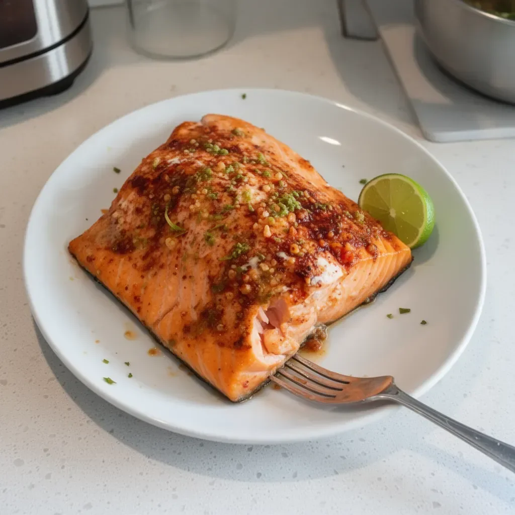 Baked chili lime salmon garnished with lime slices and herbs