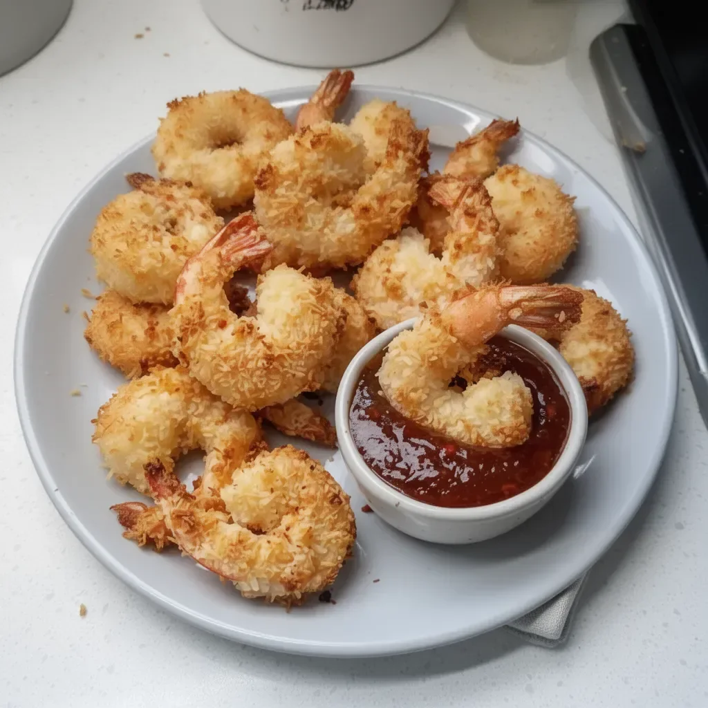 Plate of crispy baked coconut shrimp served with dipping sauce