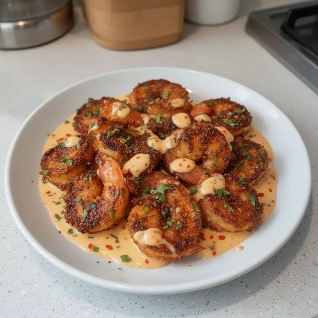 Baked coconut shrimp served with sweet chili mayo on a plate