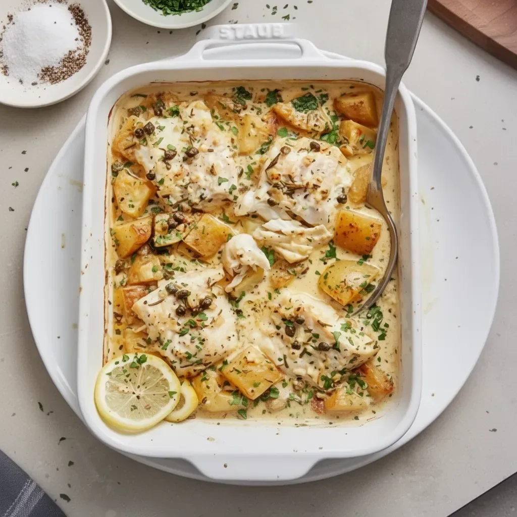 Baked cod fish in herbed cream sauce garnished with herbs