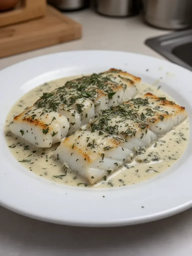 Baked Cod Fish in Herbed Cream Sauce