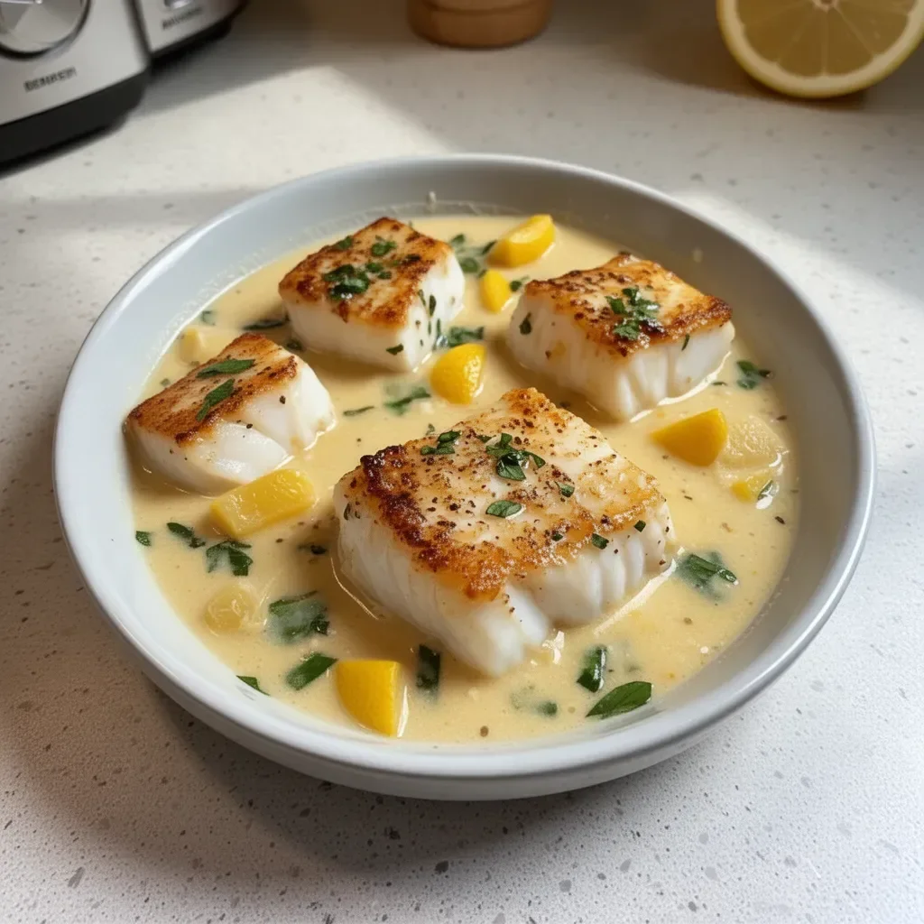 Baked cod fillet topped with coconut lemon cream sauce on a plate