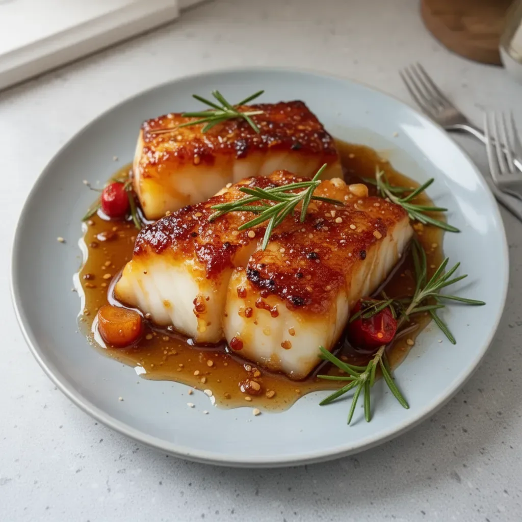 Baked cod fillets drizzled with honey soy marinade served on a plate