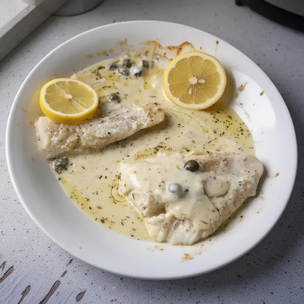 Baked cod fillet topped with a creamy lemon sauce, served on a plate