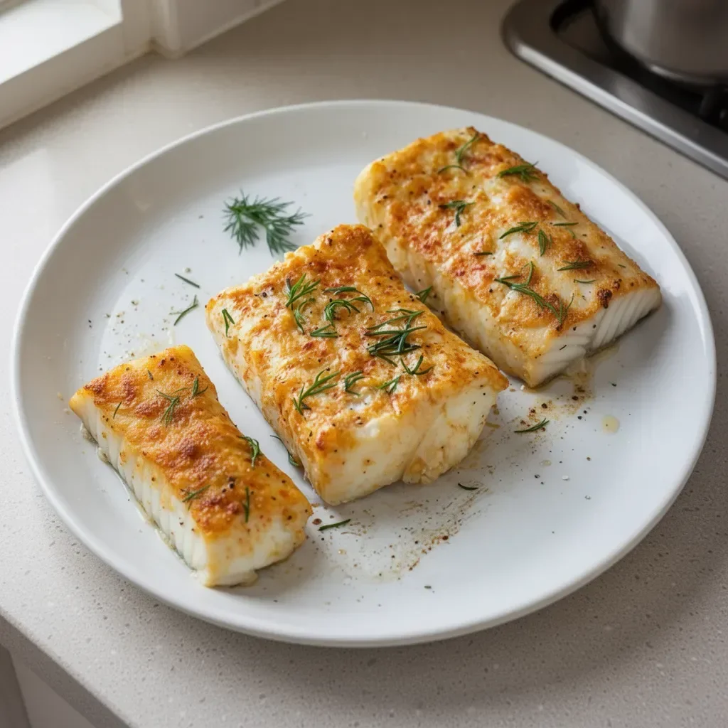 Delicious baked halibut served with lemon and herbs