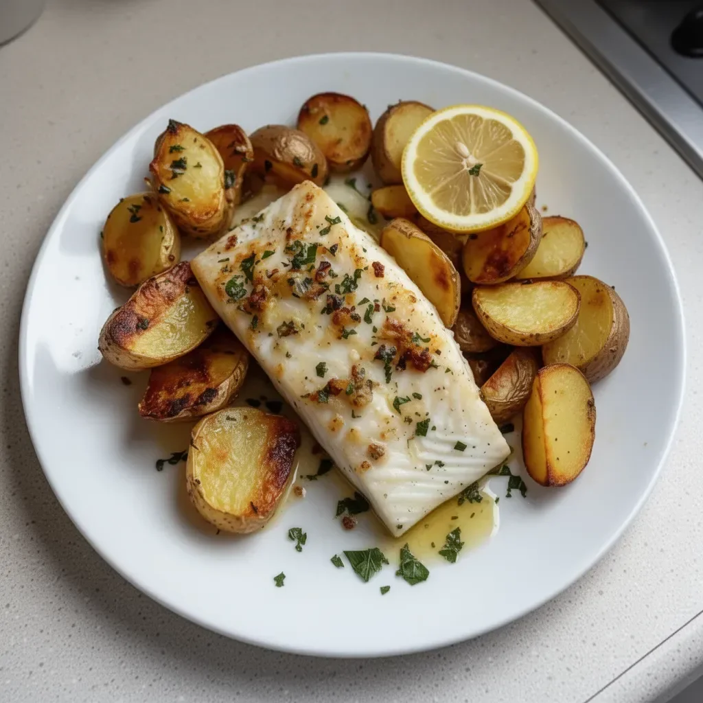 Baked halibut with seasoned potatoes on a plate ready to serve.