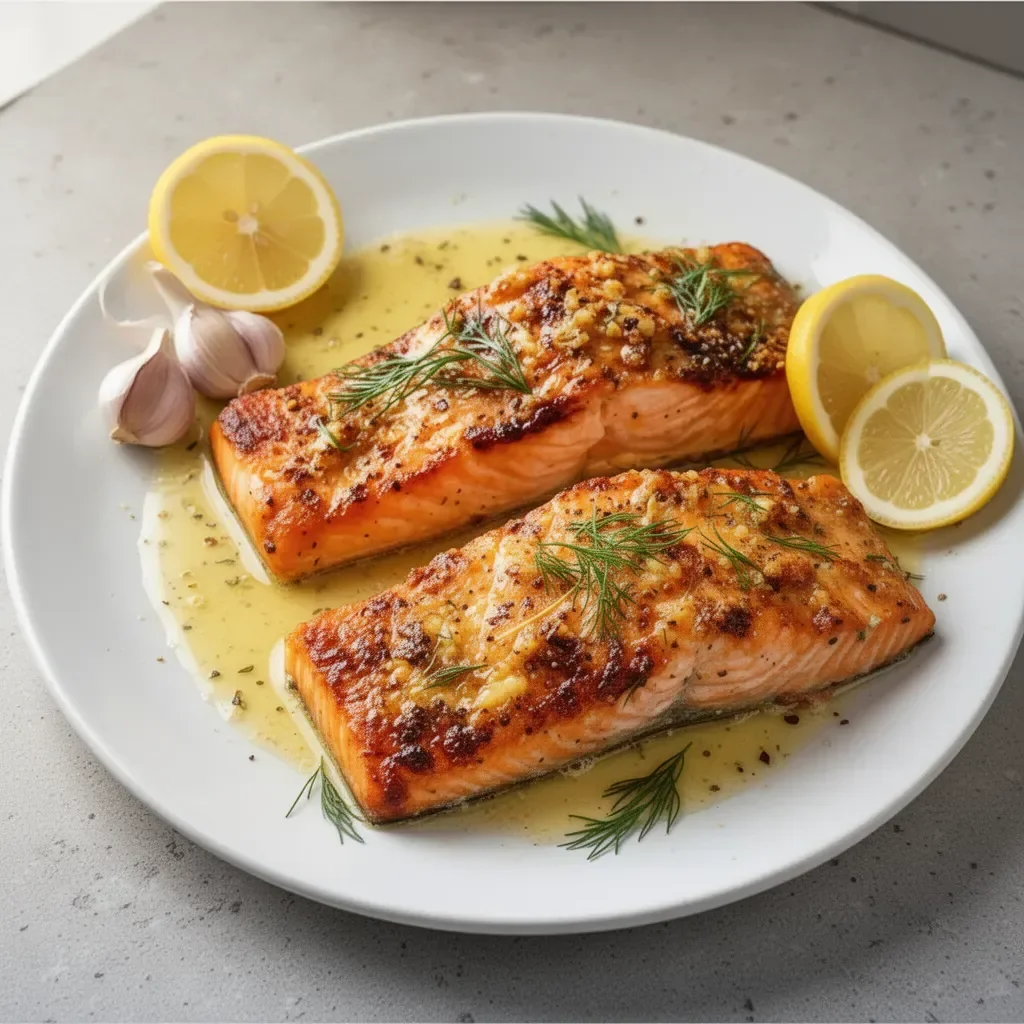 Baked lemon dijon salmon with garlic on a plate garnished with herbs