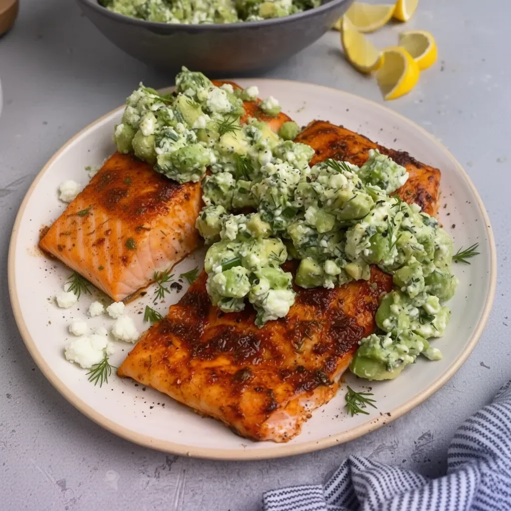 Baked salmon topped with avocado and feta on a plate