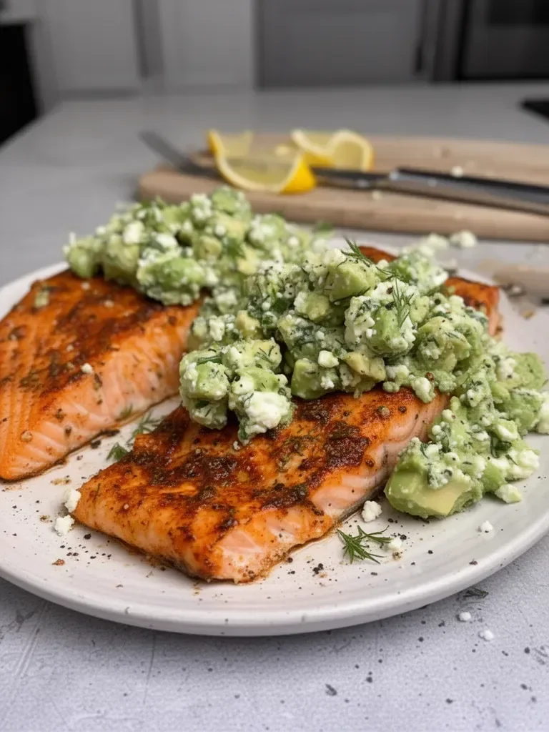 Baked Salmon with Avocado and Feta