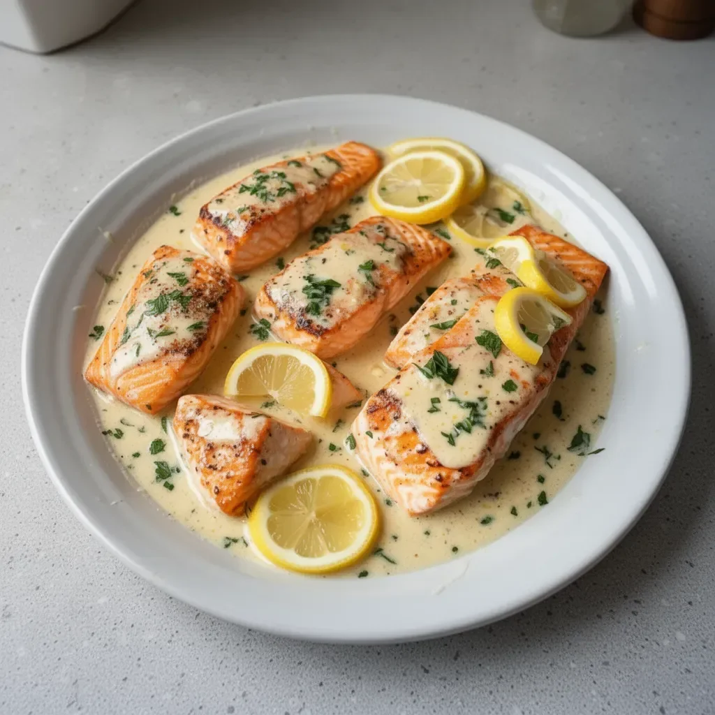 Delicious baked salmon fillet with lemon butter cream sauce on a plate