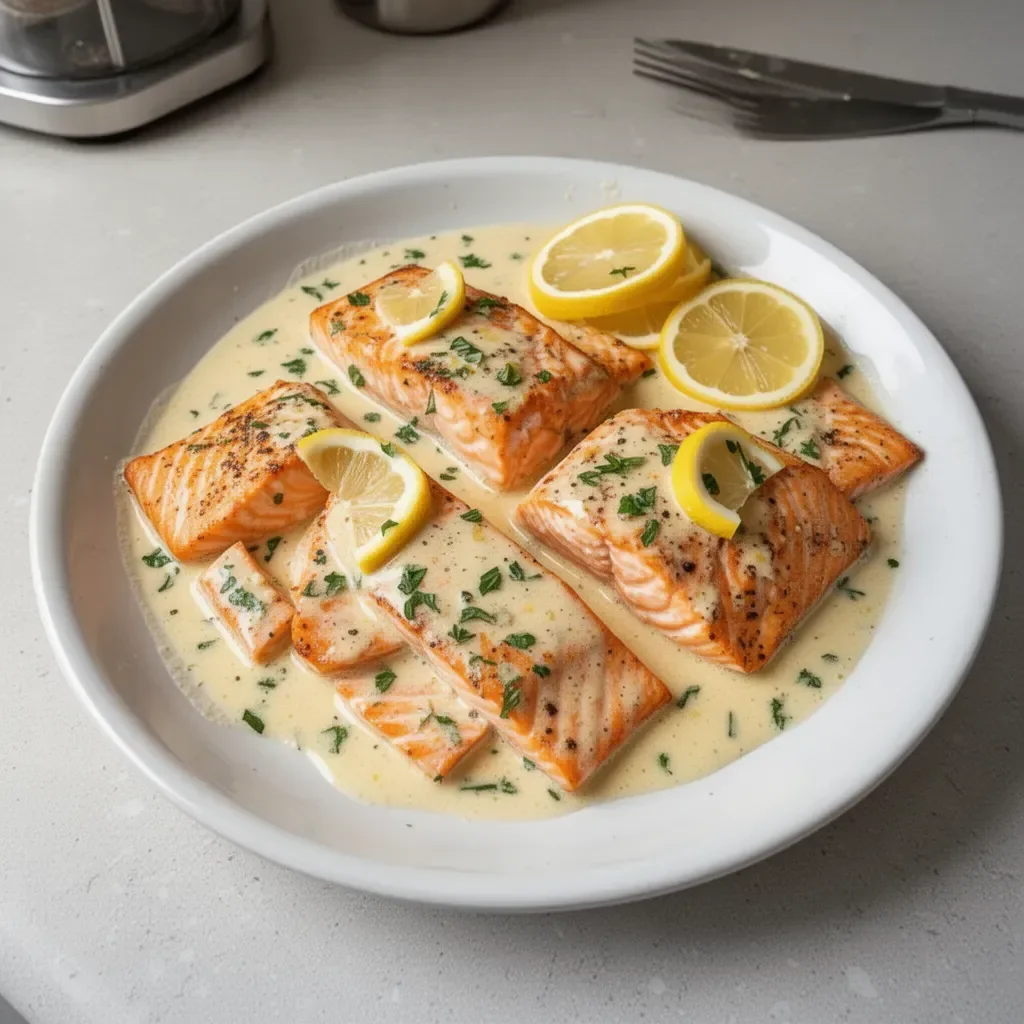 Baked salmon fillet served with lemon butter cream sauce