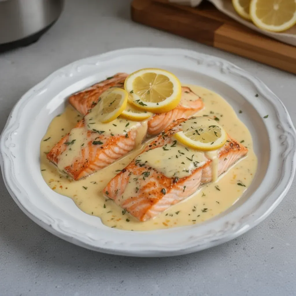 Baked salmon fillet drizzled with lemon butter cream sauce on a plate