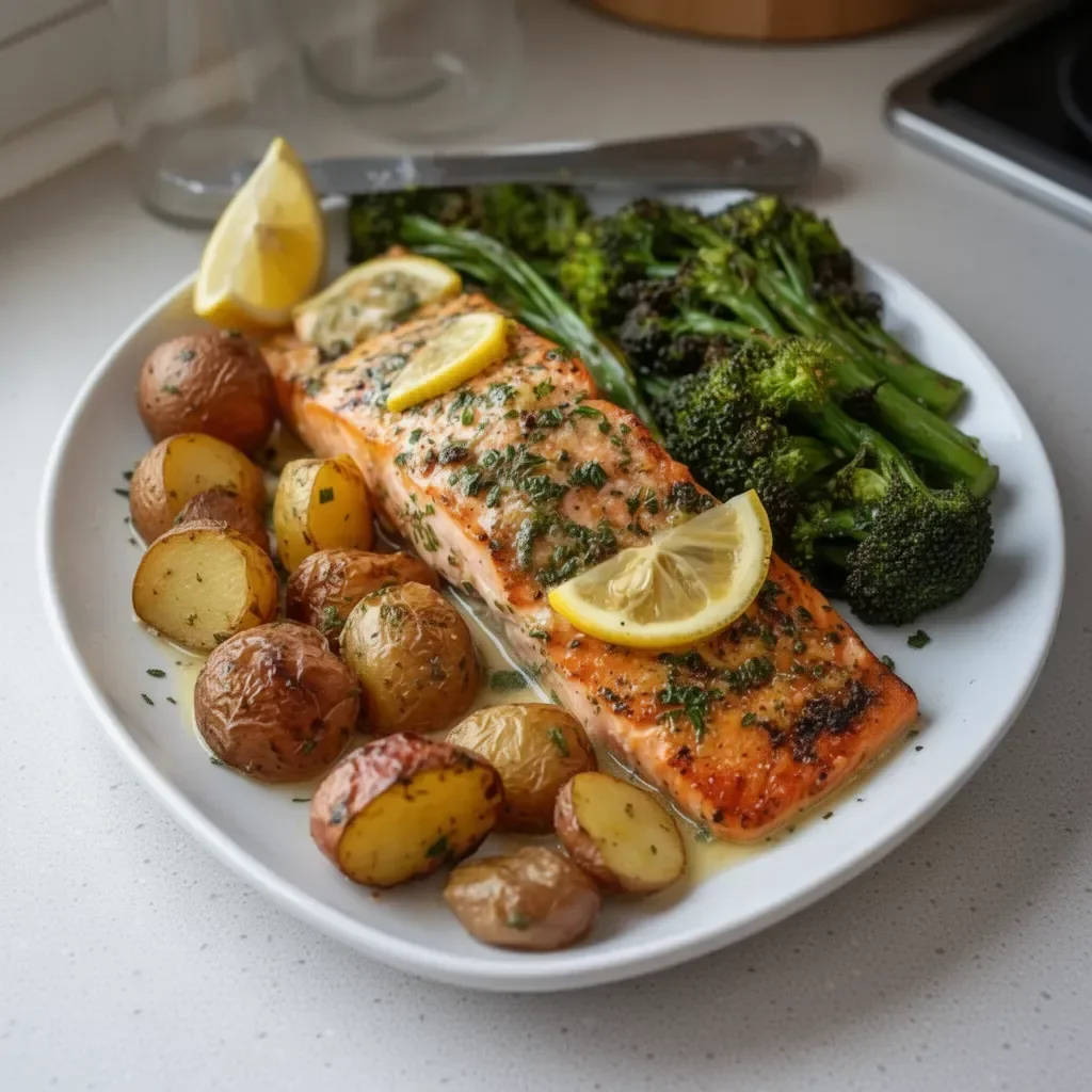 Baked salmon fillet served with lemon butter sauce on a plate