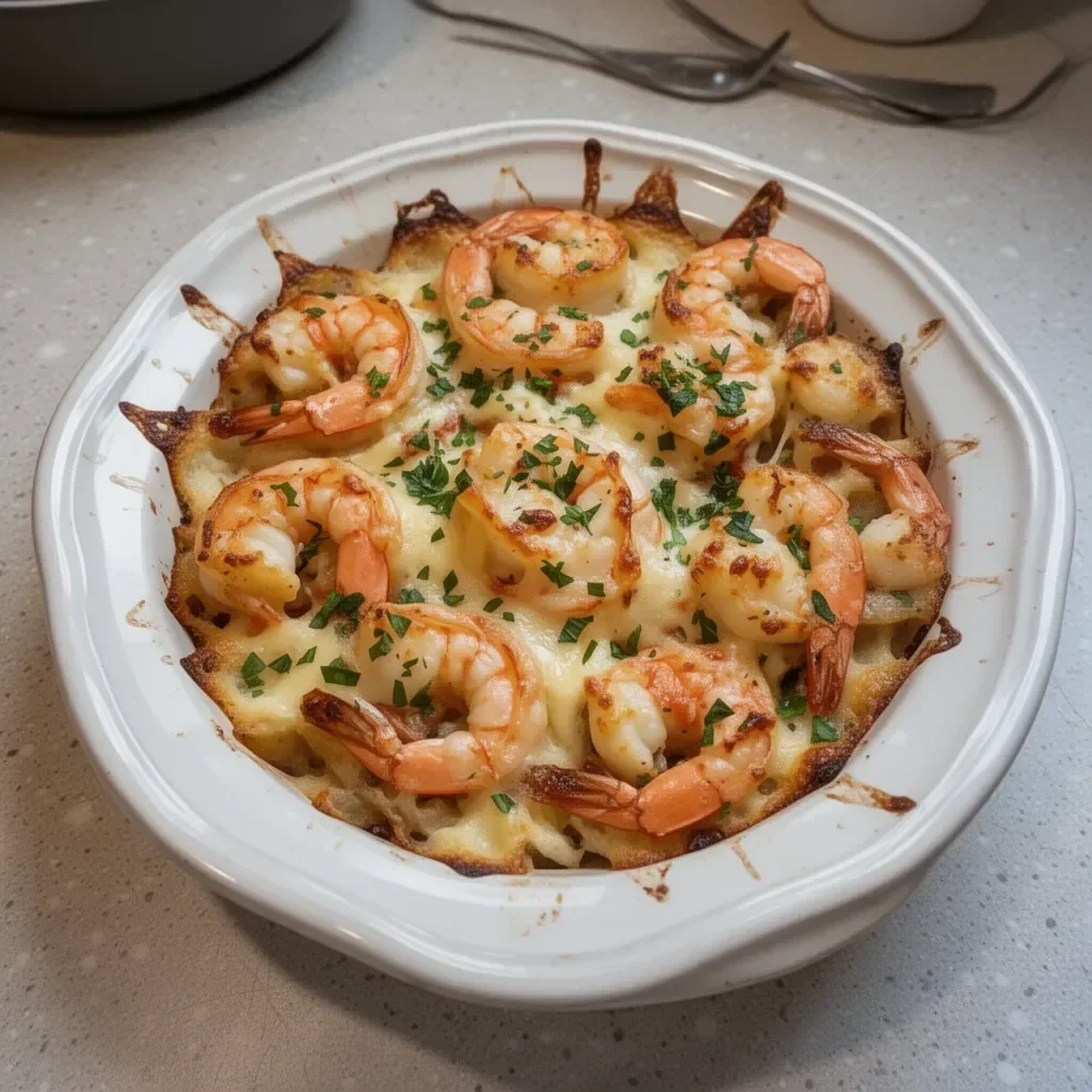 Baked stuffed shrimp casserole with a golden crust and fresh herbs