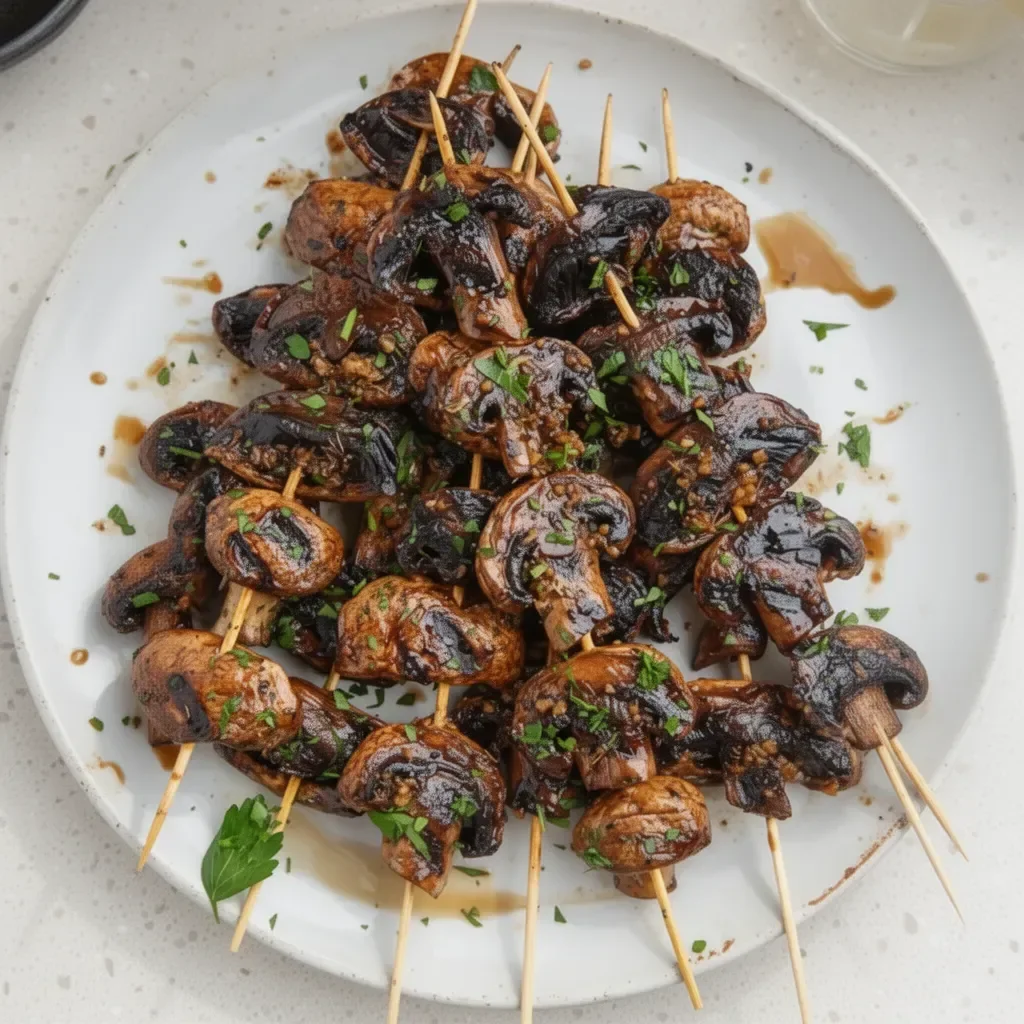 Balsamic garlic grilled mushroom skewers on a platter