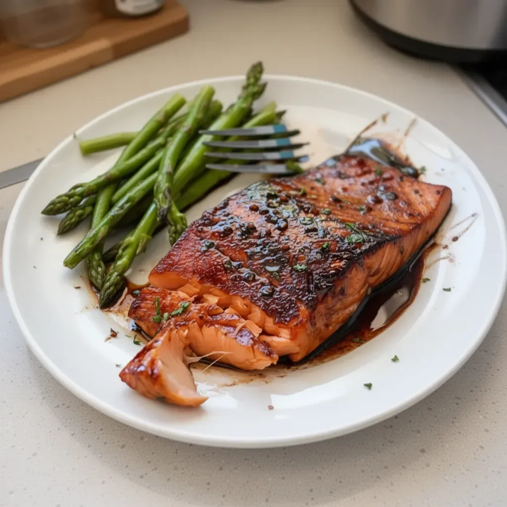 Delicious balsamic glazed salmon served on a plate with vegetables