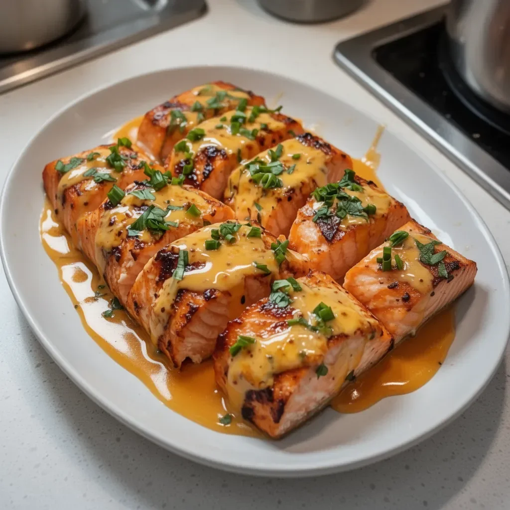 Delicious Bang Bang Salmon served on a plate with garnishes