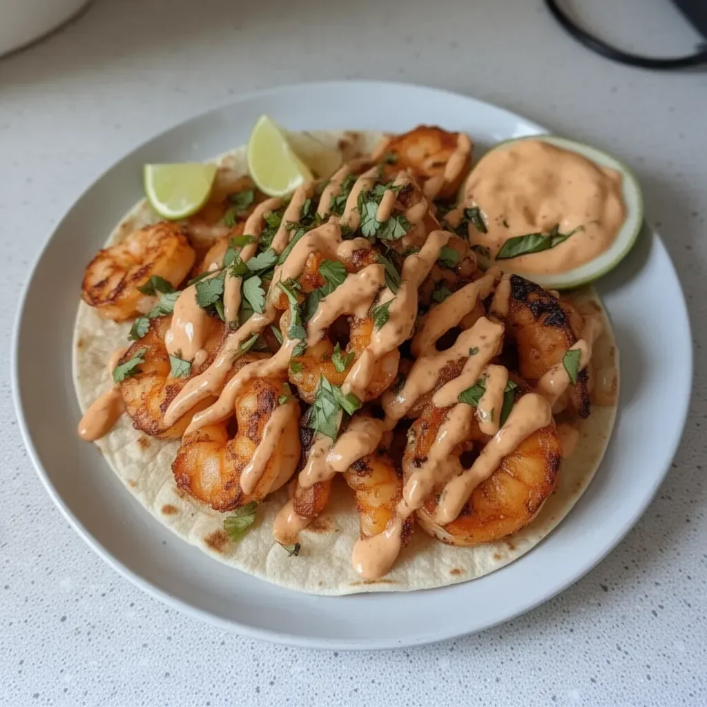Delicious Bang Bang Shrimp Tacos served with fresh toppings and creamy sauce.