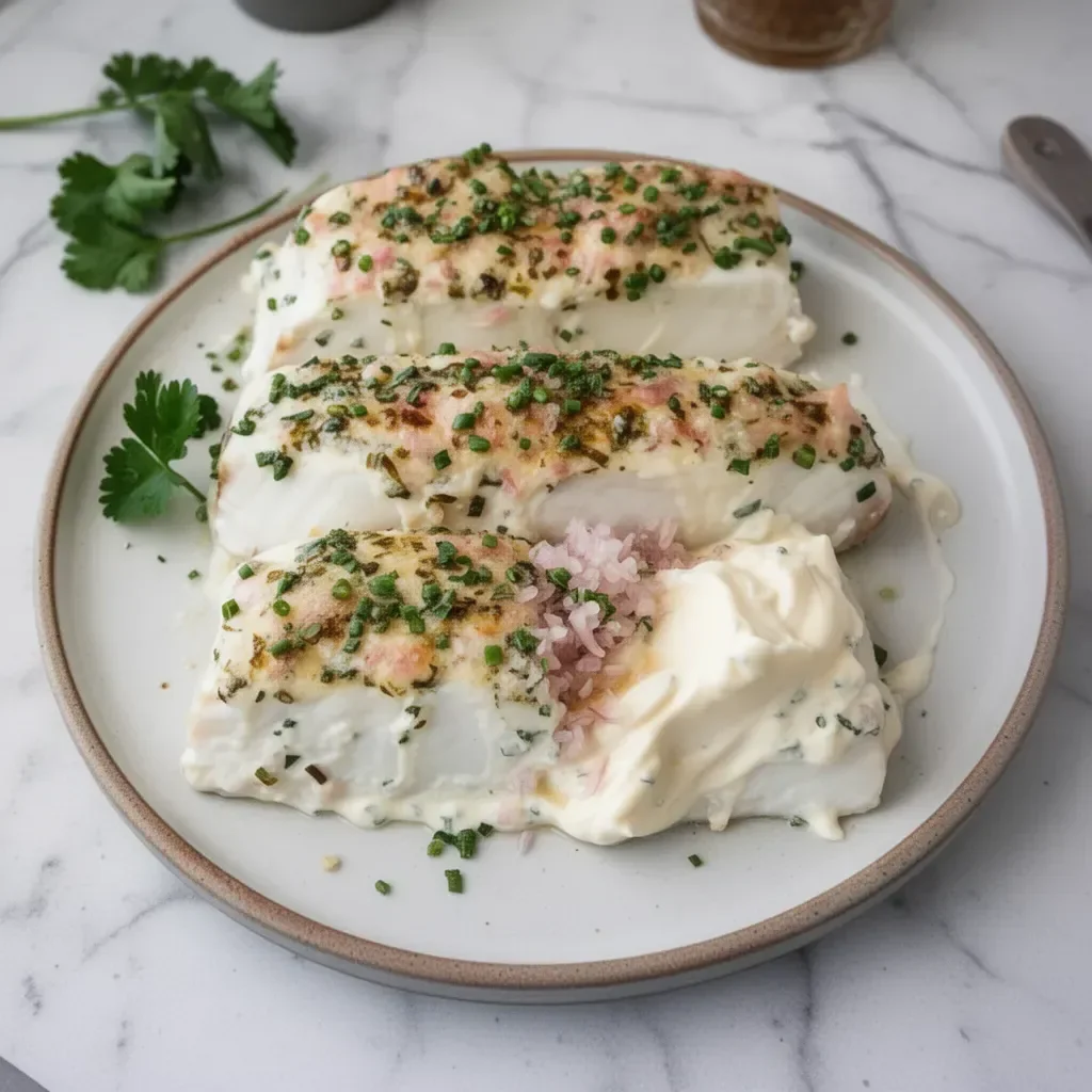Baked halibut fillet with herbed mayonnaise crust on a white plate