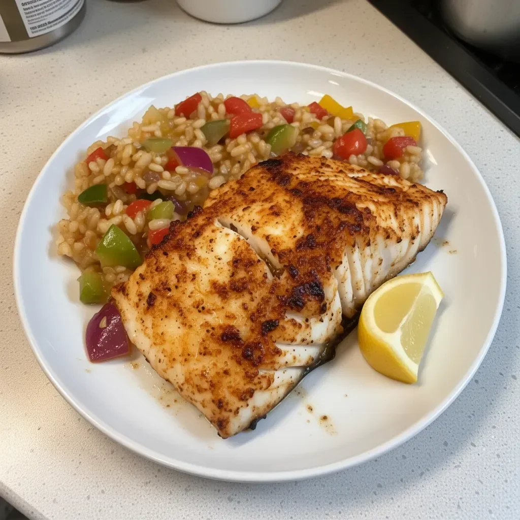 Deliciously spiced Cajun Halibut dish served with colorful vegetables