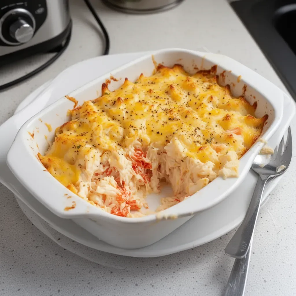 Delicious crab casserole topped with cheese and herbs, served in a baking dish.