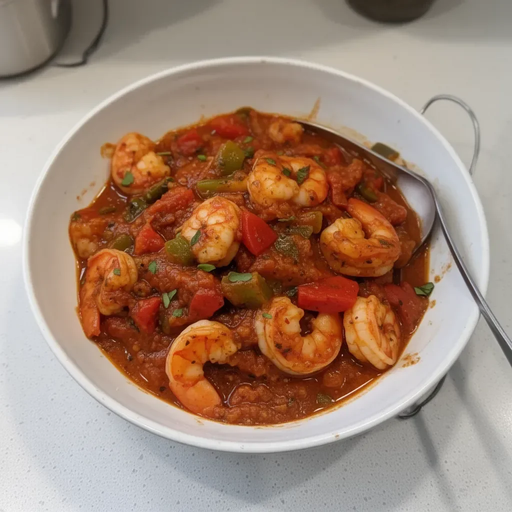 Delicious shrimp creole served in a traditional New Orleans style with spices and rice