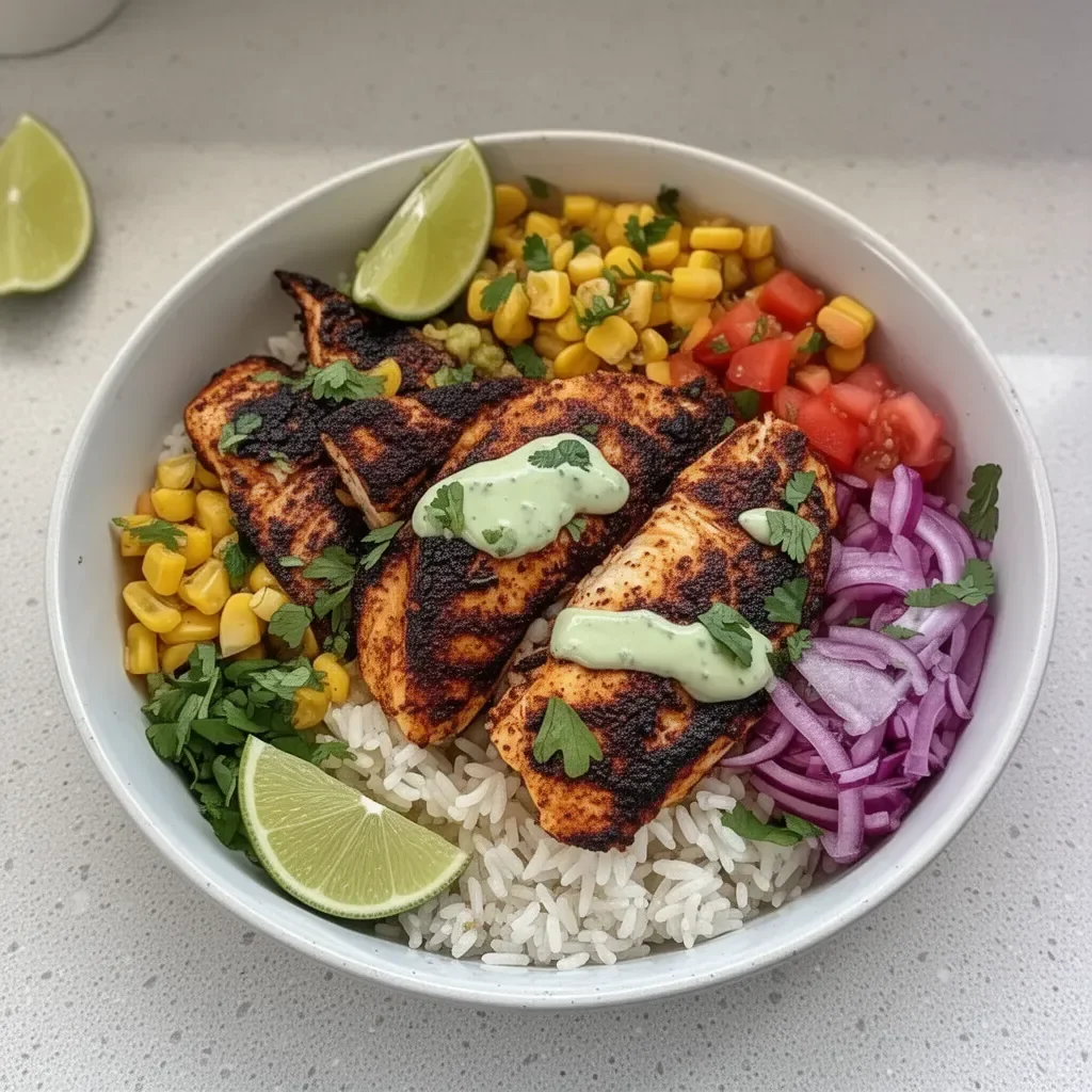 Delicious blackened fish taco bowl with fresh toppings and vibrant colors