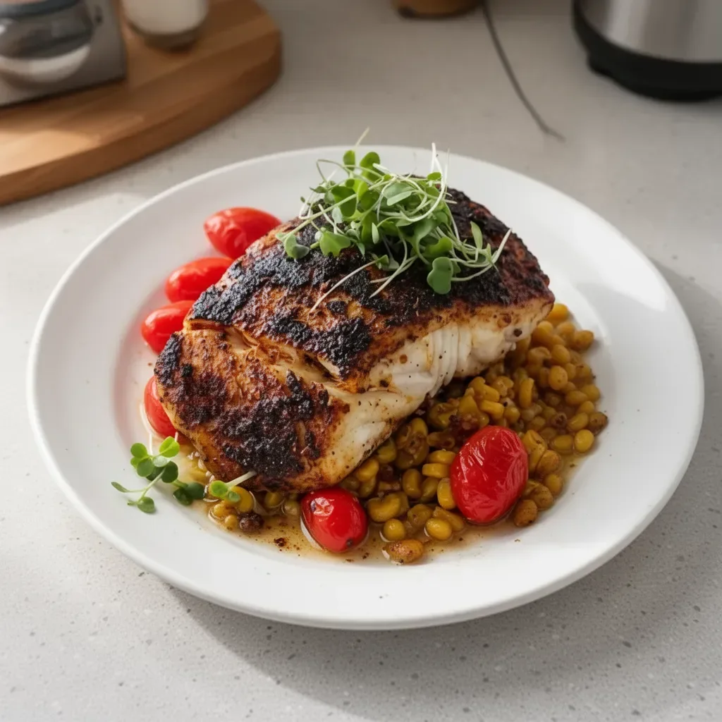 Delicious blackened halibut fillet served with fresh vegetables