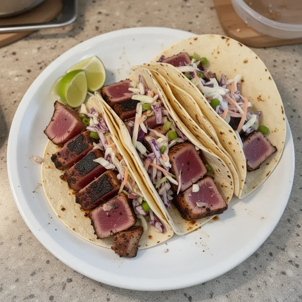 Delicious blackened seared tuna tacos topped with fresh ingredients
