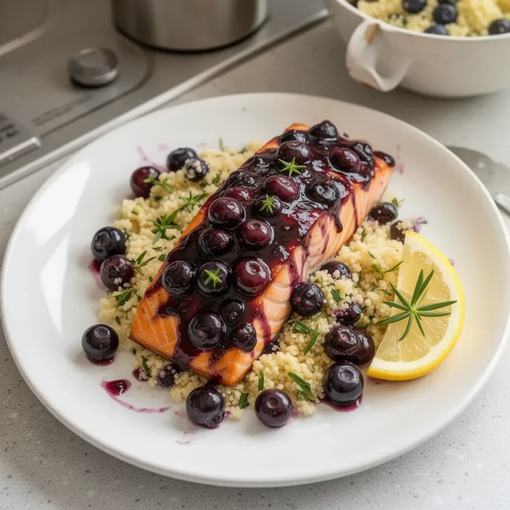 Plate of blueberry glazed salmon with lemon herb couscous on a dining table