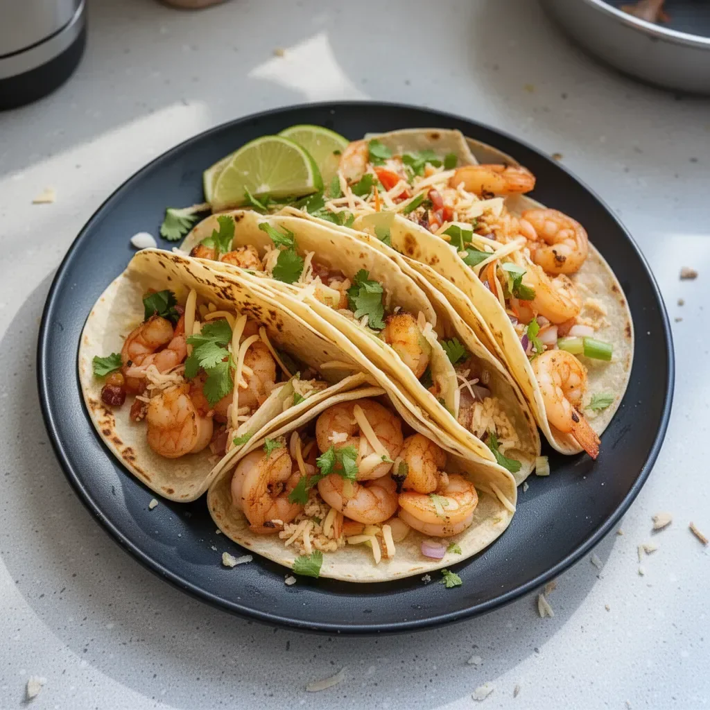 Bobby Flay's flavorful shrimp tacos with fresh ingredients and vibrant toppings.
