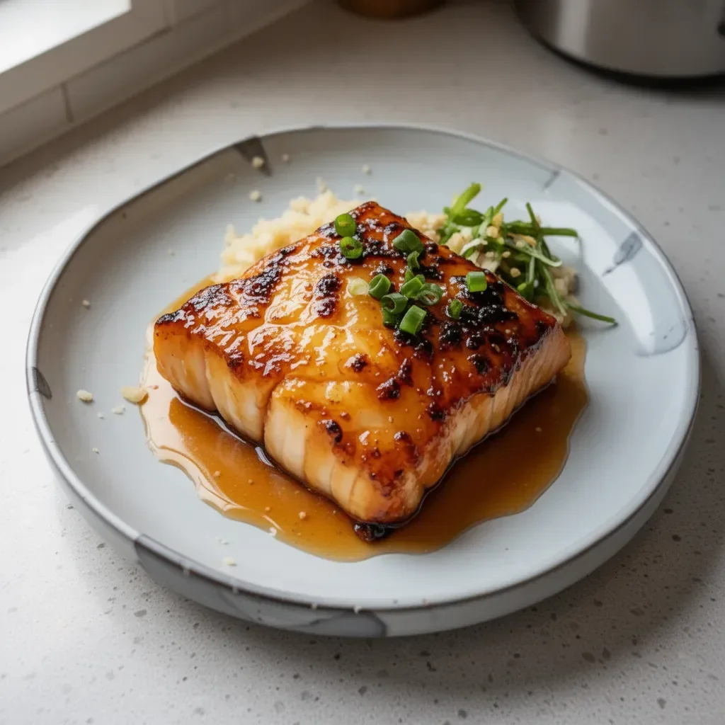 Buttery miso glazed black cod served on a plate with garnishes