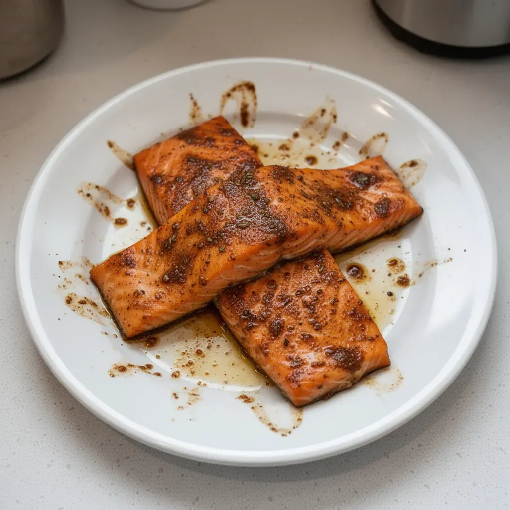 Cajun Brown Sugar Salmon with a caramelized glaze served on a plate.
