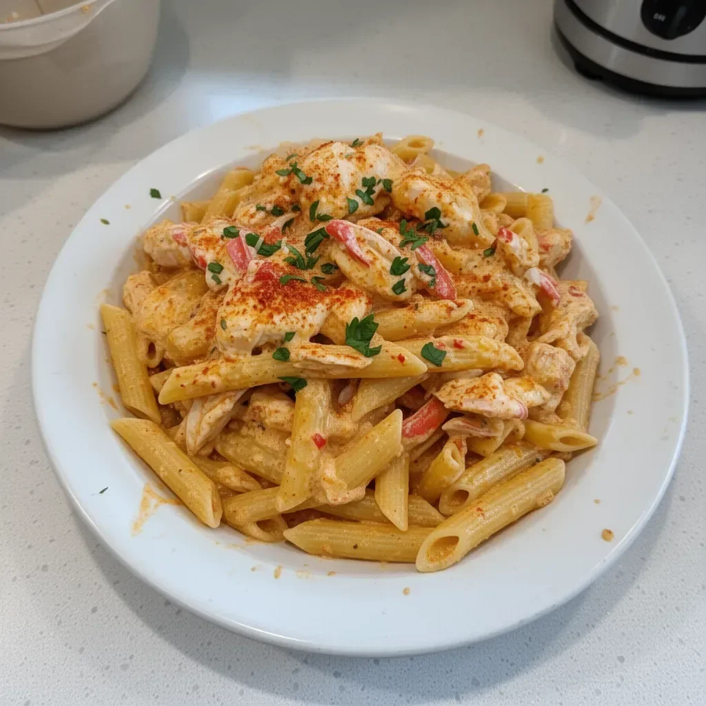 Plate of Cajun Crab Pasta with crab meat and spices