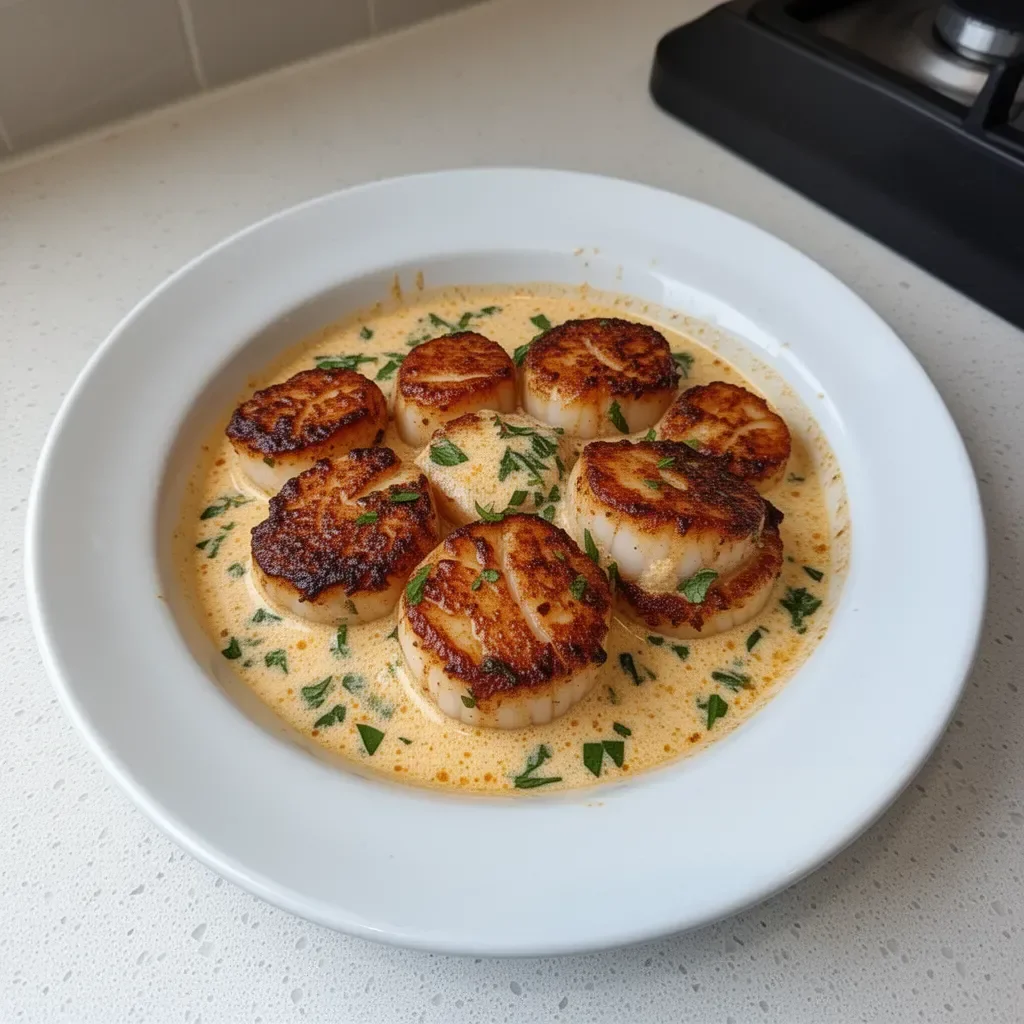 Plate of Cajun Cream Scallops garnished with herbs and spices