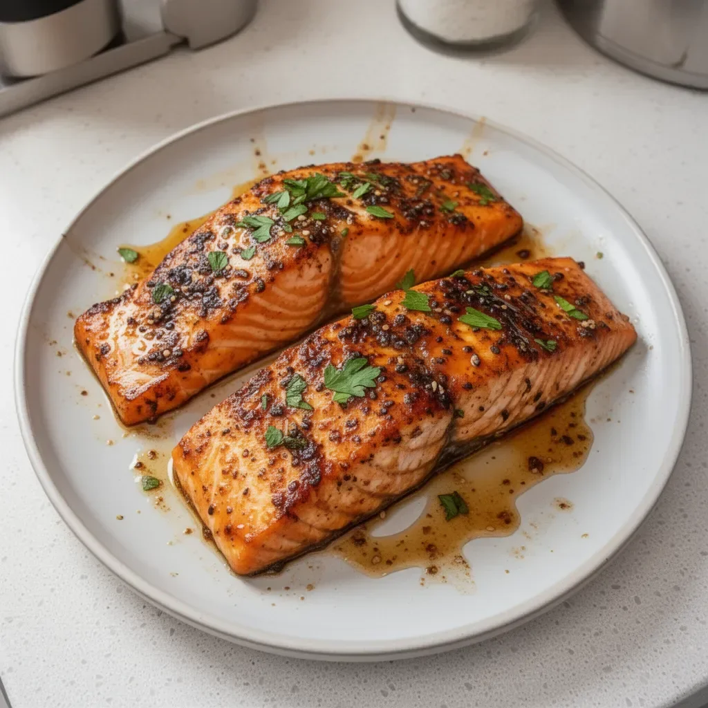 Cooked Cajun Honey Butter Salmon fillet garnished with herbs