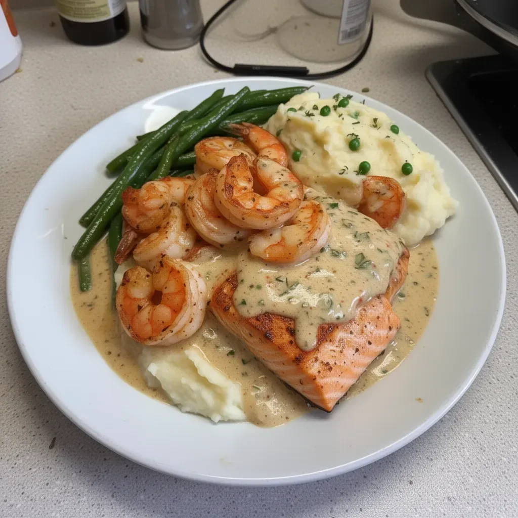 Cajun shrimp and salmon served with a rich garlic cream sauce on a plate