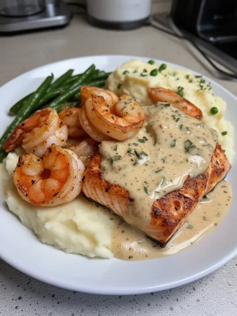 Cajun Shrimp and Salmon with Garlic Cream Sauce, Mashed Potatoes, and Green Beans: A Flavor-Packed Dinner to Impress