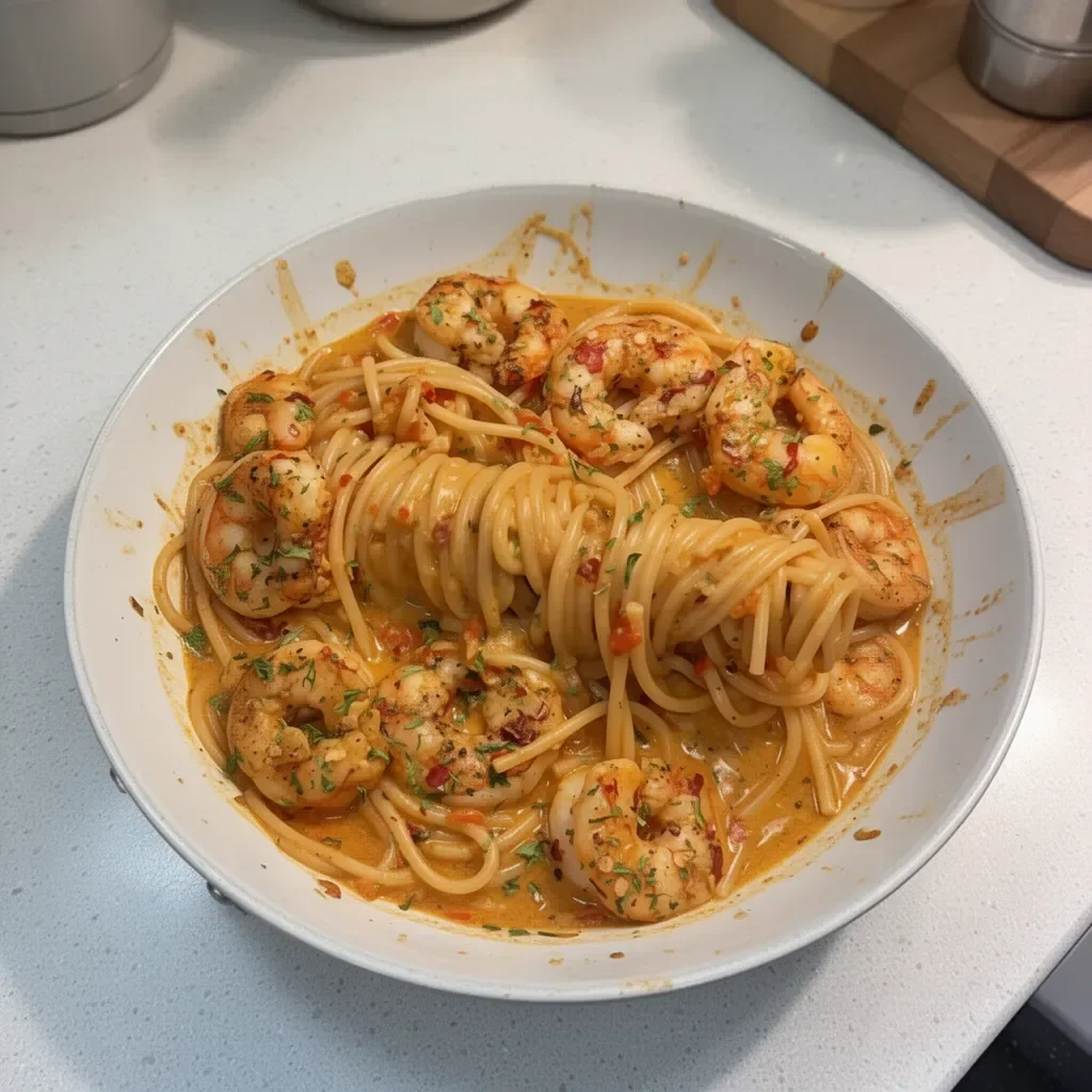 A plate of spicy Cajun Shrimp Pasta topped with herbs and served in a creamy sauce.