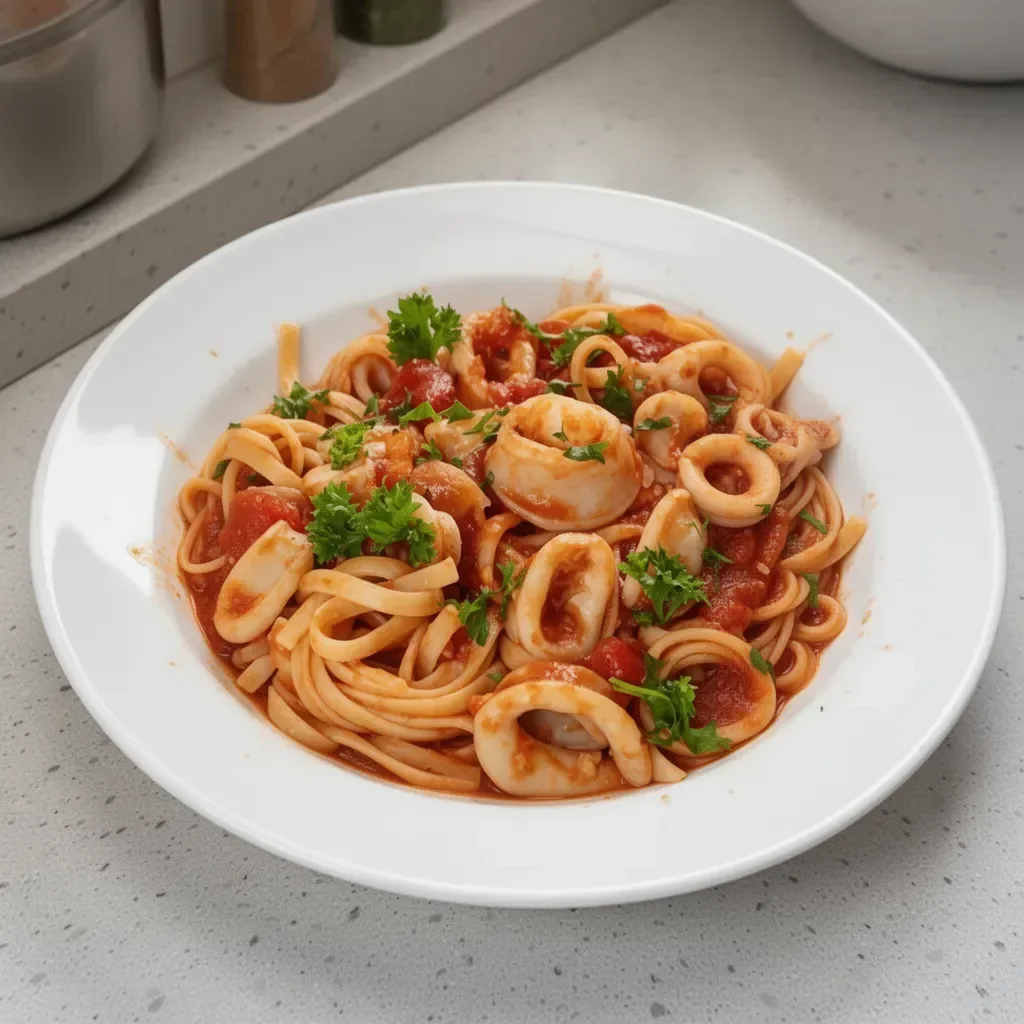 Delicious calamari pasta served with marinara sauce on a plate