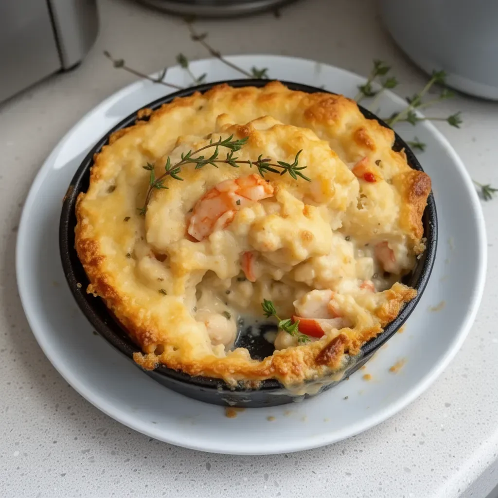 Cheddar Bay Biscuit Seafood Pot Pie served hot with flaky biscuits on top.