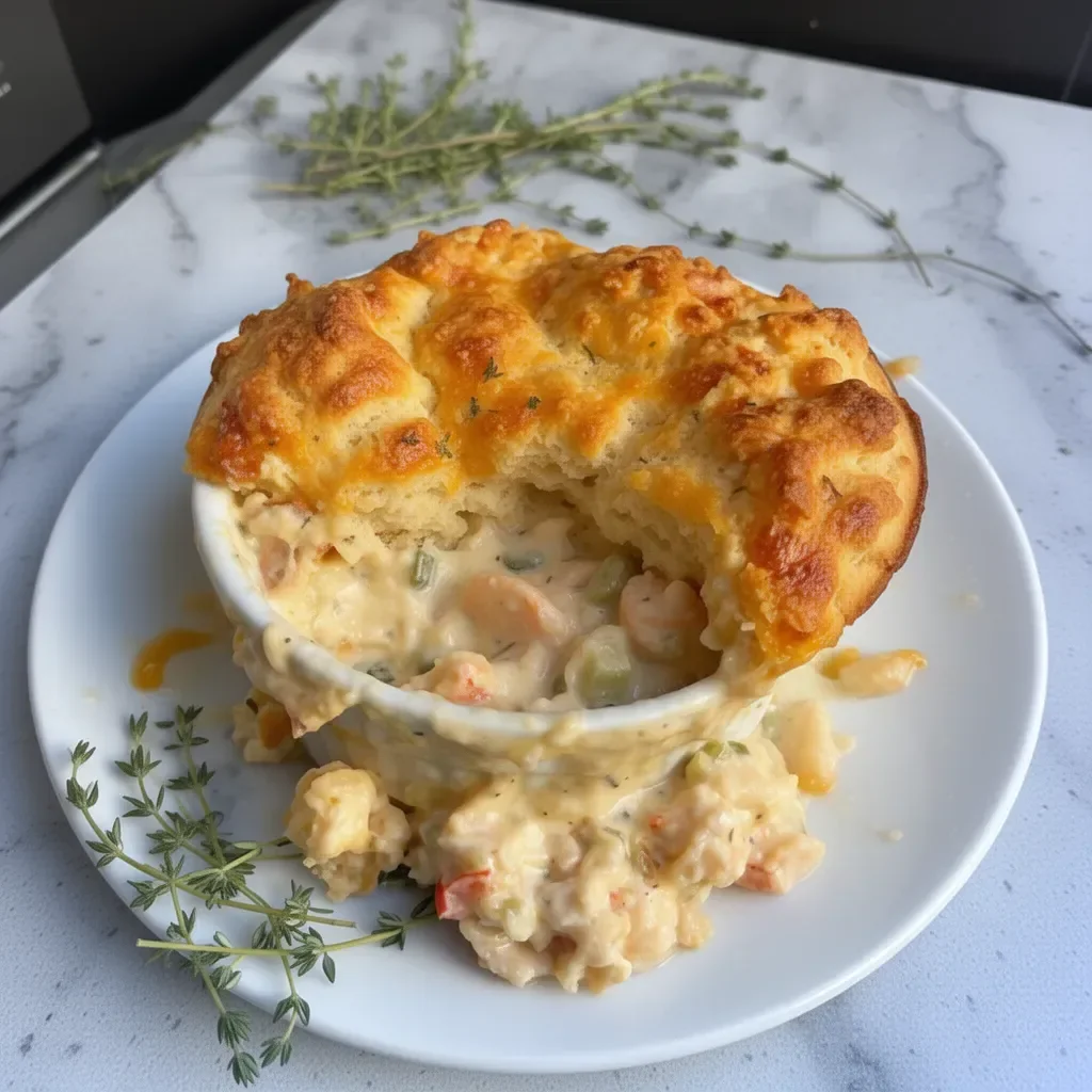 Cheddar Bay Biscuit Seafood Pot Pie served hot and garnished