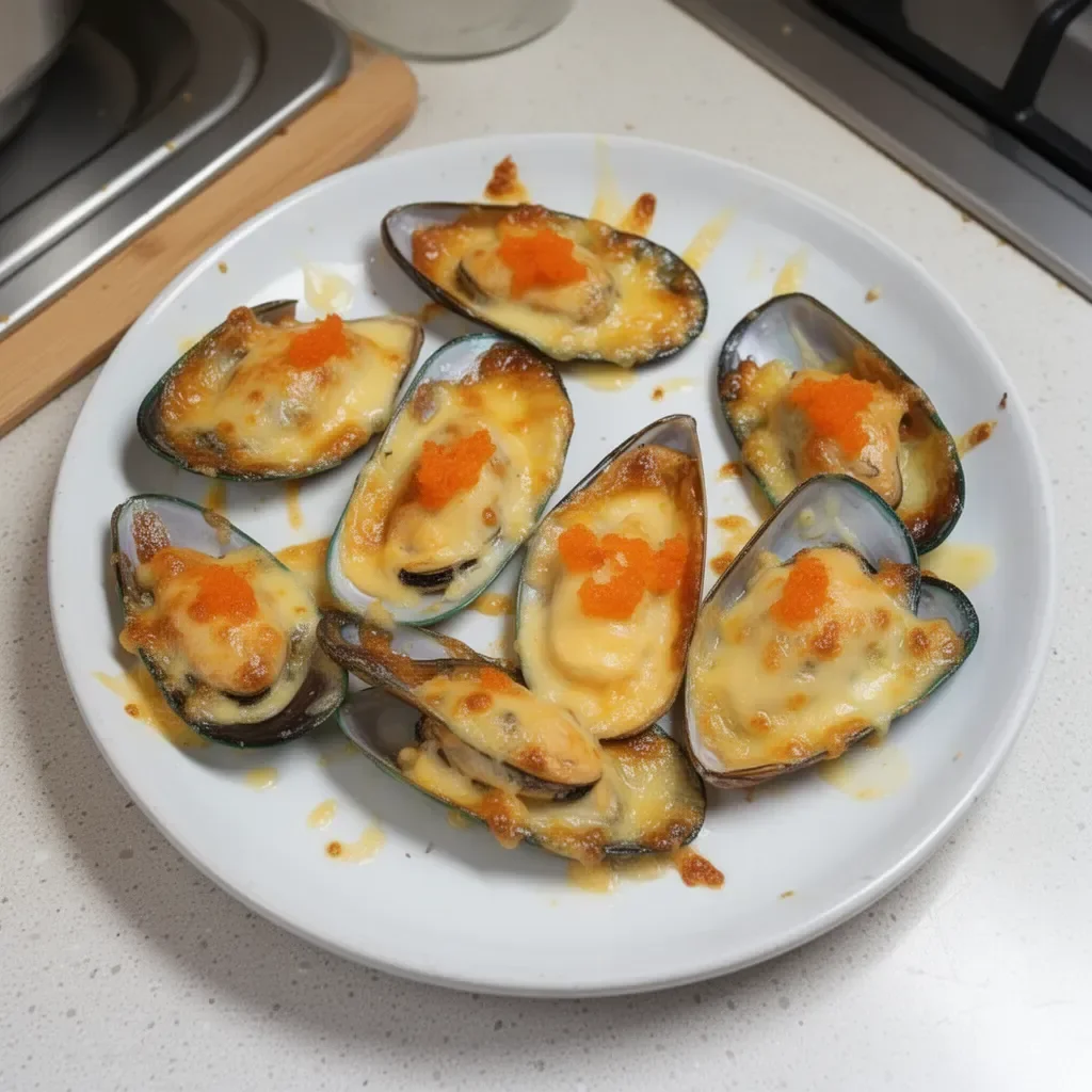 Cheese-Mayo Baked Mussels fresh out of the oven, styled for serving.