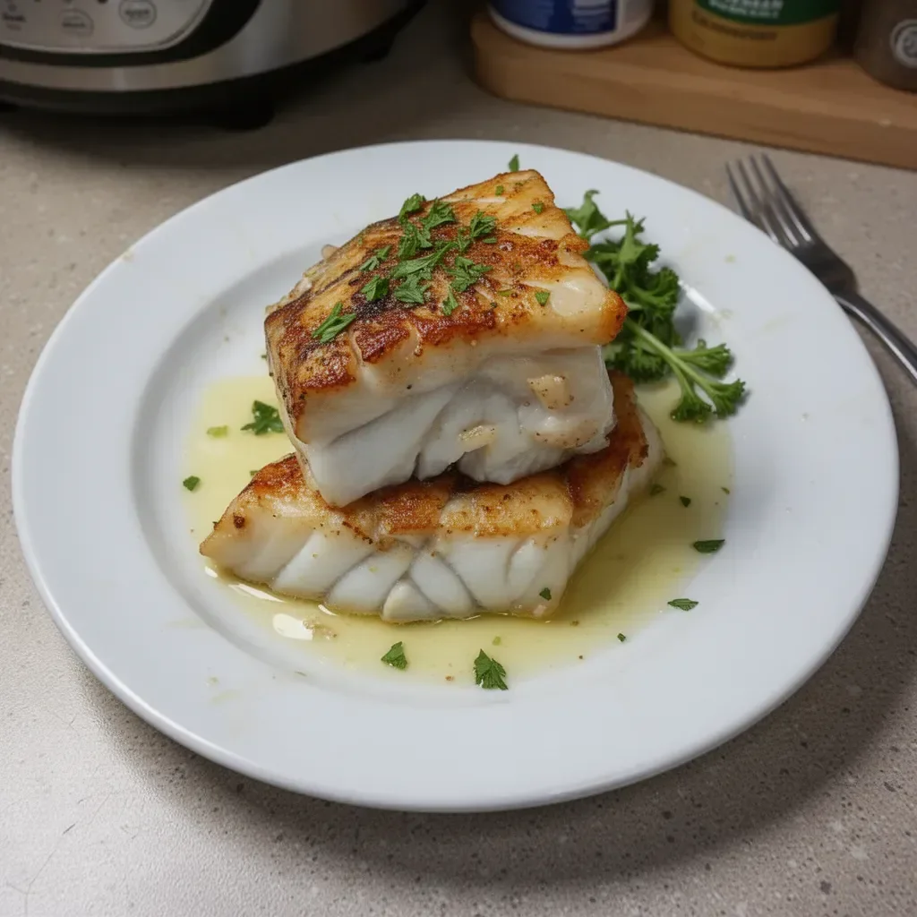 A beautifully cooked plate of Chilean Sea Bass garnished with fresh herbs.